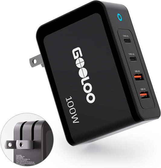 GOOLOO 100W USB C Charger Block - 4-Port Foldable Compact Fast Wall Charger | For MacBook Pro/Air/iPad/iPhone Series and More - SuperSafe Power Adapter for GT3000/GT4000S/GT6000/A7 Jump Starters