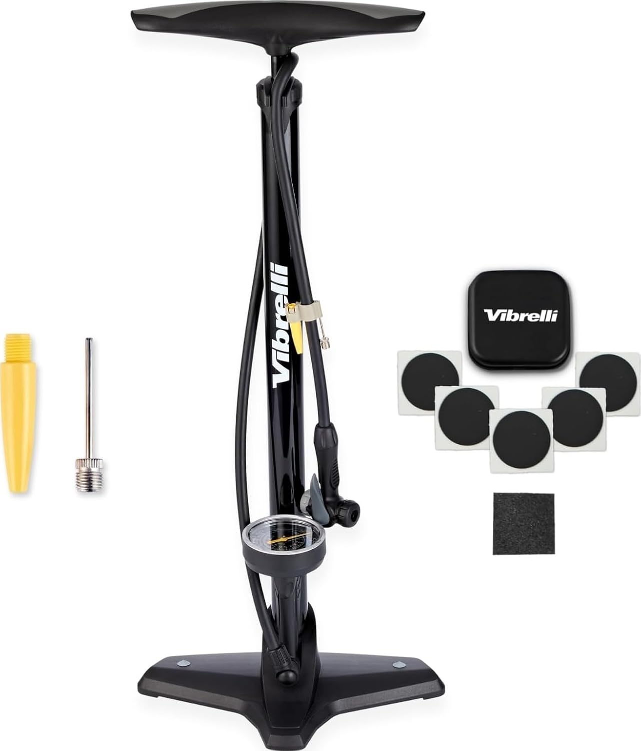 Vibrelli Vibrelli Bike Floor Pump with Gauge - High Pressure 160 PSI - Presta Valve Bike Pump Automatically Switches to Schrader - Bicycle Pump Comes with Glueless Puncture Kit