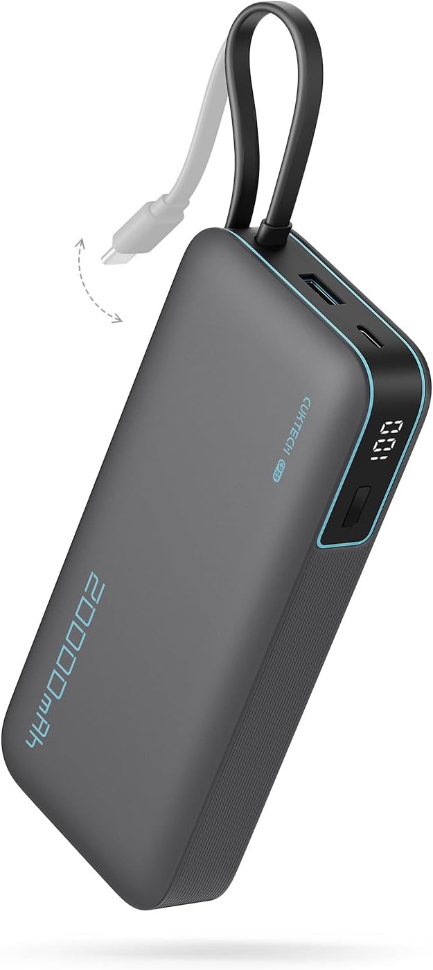 CUKTECH 45W Power Bank 20000mAh, Portable Travel Charger Built-in USB C Cable, Fast Charging Battery Pack for iPhone 16/15/14/13, iPad, Samsung Galaxy, Google Pixel, Android and More (Gray)