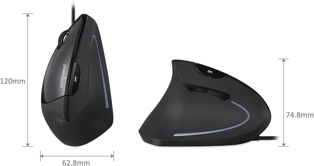 Perixx Perimice-513L Wired Vertical Ergonomic Mouse with 2 DPI, 6 Button Optical Ergo Mouse with 2 Level DPI Switch 1000 1600, Left Handed, Black