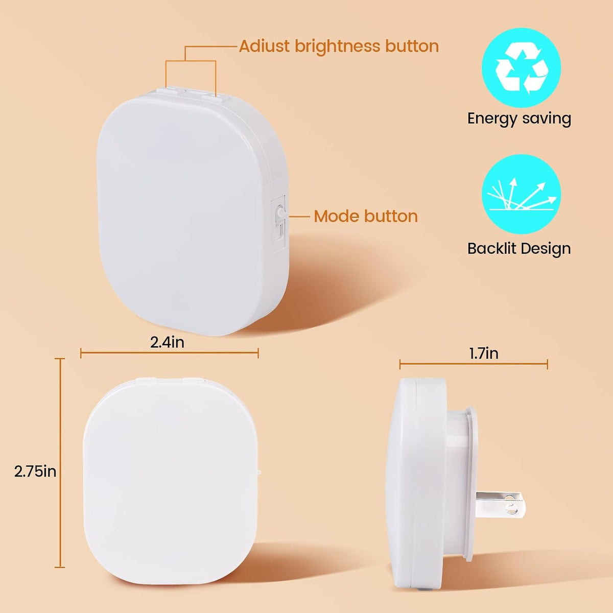 Plug-in LED Backlit Night Light with Motion Sensor & Dusk to Dawn Sensor, 2700K Soft Warm White Nightlight with Dimmable Brightness for Adults & Kids' Bedroom, Bathroom, Hallway, 2 Pack
