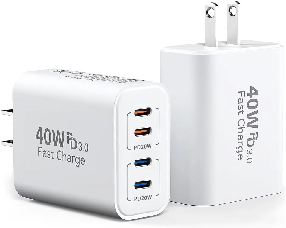 TT&C 40W USB C Charger Block, 2-Pack Type C Wall Plug for iPhone 17, 16, 15 | 4 USBC Ports Fast Charging USB-C Adapter Box Cube Compatible with iPhone 14/13/12 Pro Max Air & Samsung phone (White)