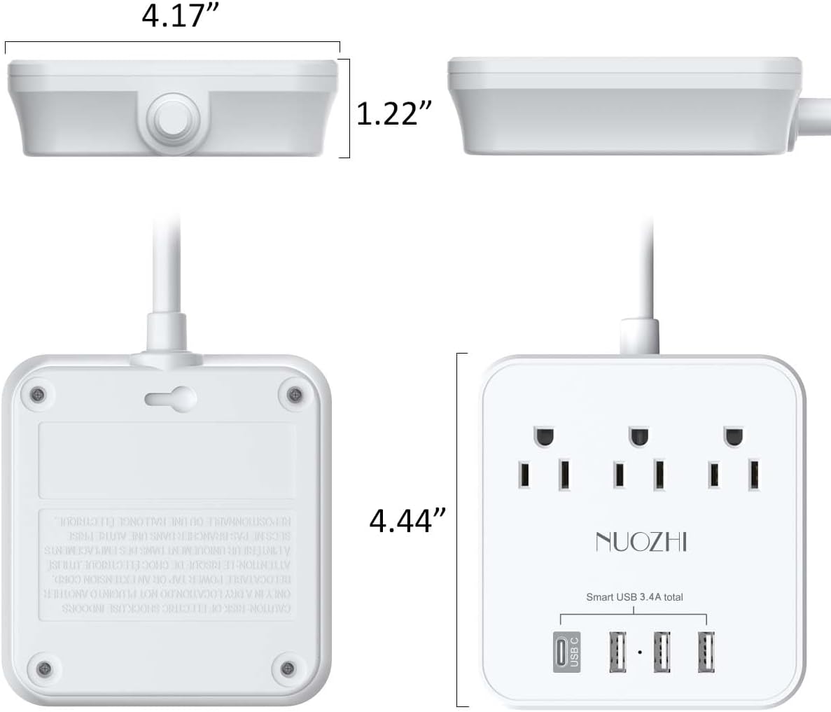 Cruise Essentials, NUOZHI 6 Ft Power Strip with 3 Outlets and 4 USB Ports(1 USB C), Non Surge Protector for Cruise Ship, Travel, Home Office, ETL Listed, White