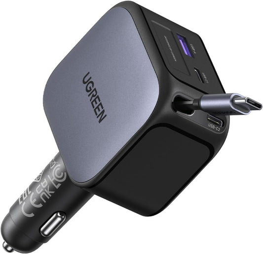 UGREEN 145W 4-Port Retractable Car Charger with 60W Retractable Cable | 3 USB-C 1 USB-A, Compatible with iPhone 17 Air 17 Pro 17 Pro Max 16 15 14 13 12, Galaxy S25 S24 S23 Ultra, iPad, MacBook