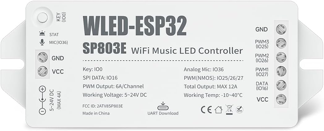 BTF-LIGHTING ESP32 WLED LED Strip Controller SP803E Built-in Mic DIY Dynamic Modes UART USB Type-C Download for WS2811,WS2812,SK6812,WS2814,WS2815 Addressable LED Strip/Matrix,PWM Dimming CCT RGB LED