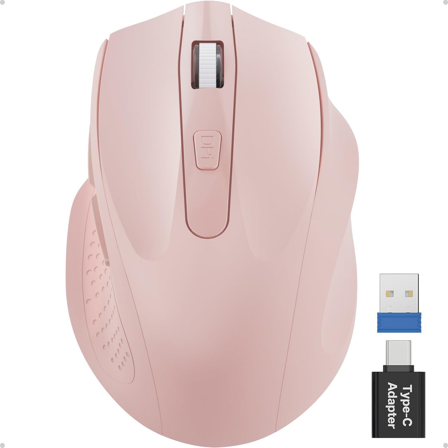 Pink Wireless Mouse for Laptop, 2.4GHz Computer Mouse with USB-A Port &USB-C Adapter, Cordless Office Mice with 6 Buttons & 3 Level DPI for Small to Medium Hands, Work with PC, Desktop, Tablet - M21