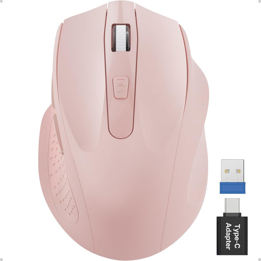 Pink Wireless Mouse for Laptop, 2.4GHz Computer Mouse with USB-A Port &USB-C Adapter, Cordless Office Mice with 6 Buttons & 3 Level DPI for Small to Medium Hands, Work with PC, Desktop, Tablet - M21