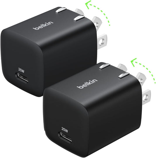 Belkin 25W Compact USB C Charger Block, 2 Pack, Fast Charging for Travel | PD 3.1, Travel Charger, iPad, iPhone 17, Samsung Galaxy, Pixel, AirPods, Apple Watch, Nintendo Switch 2, Foldable Prongs