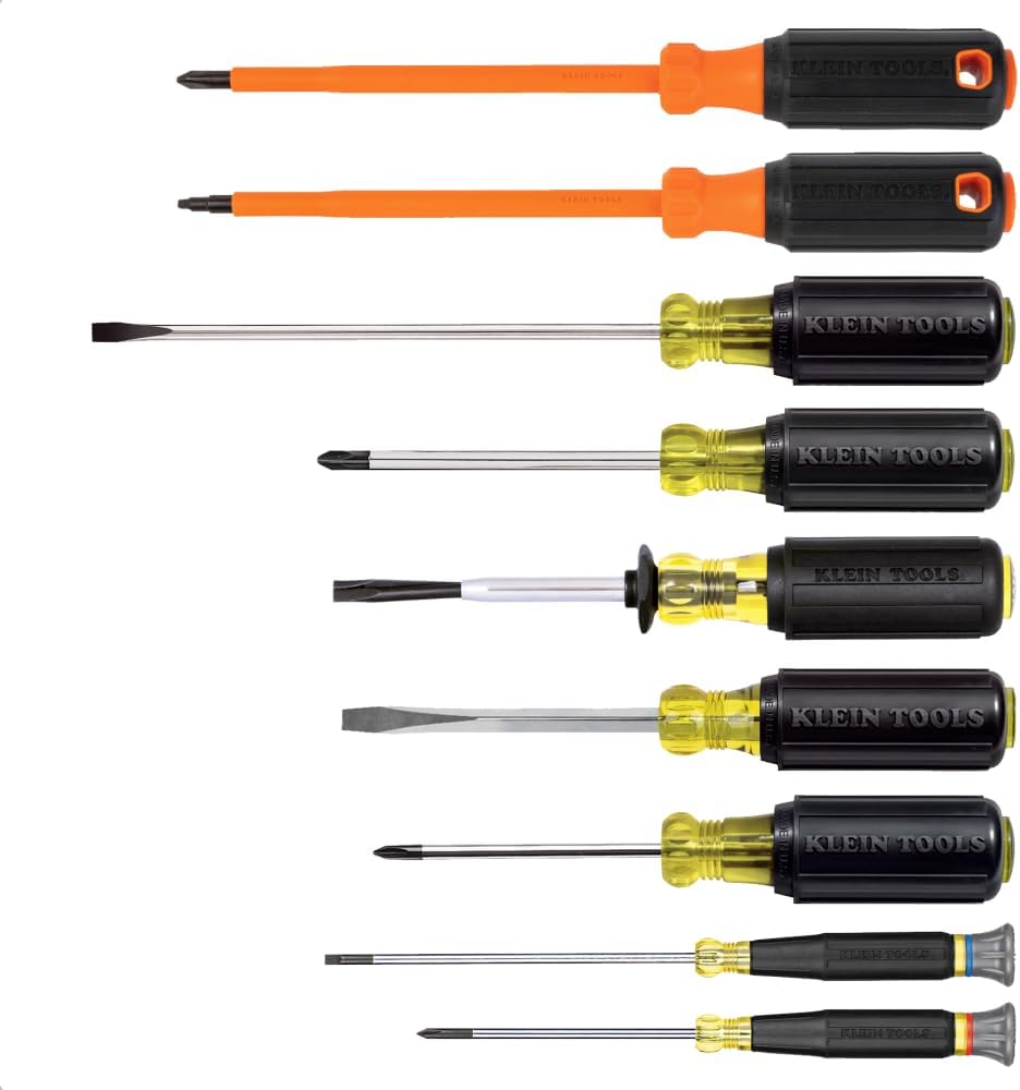Klein Tools 85850 9-Piece Electrician Tool Set with (3) Phillips, (3) Slotted, (1) Screw-Holding Driver, (2) Insulated Drivers - Phillips and Square, Cushion-Grip Handle