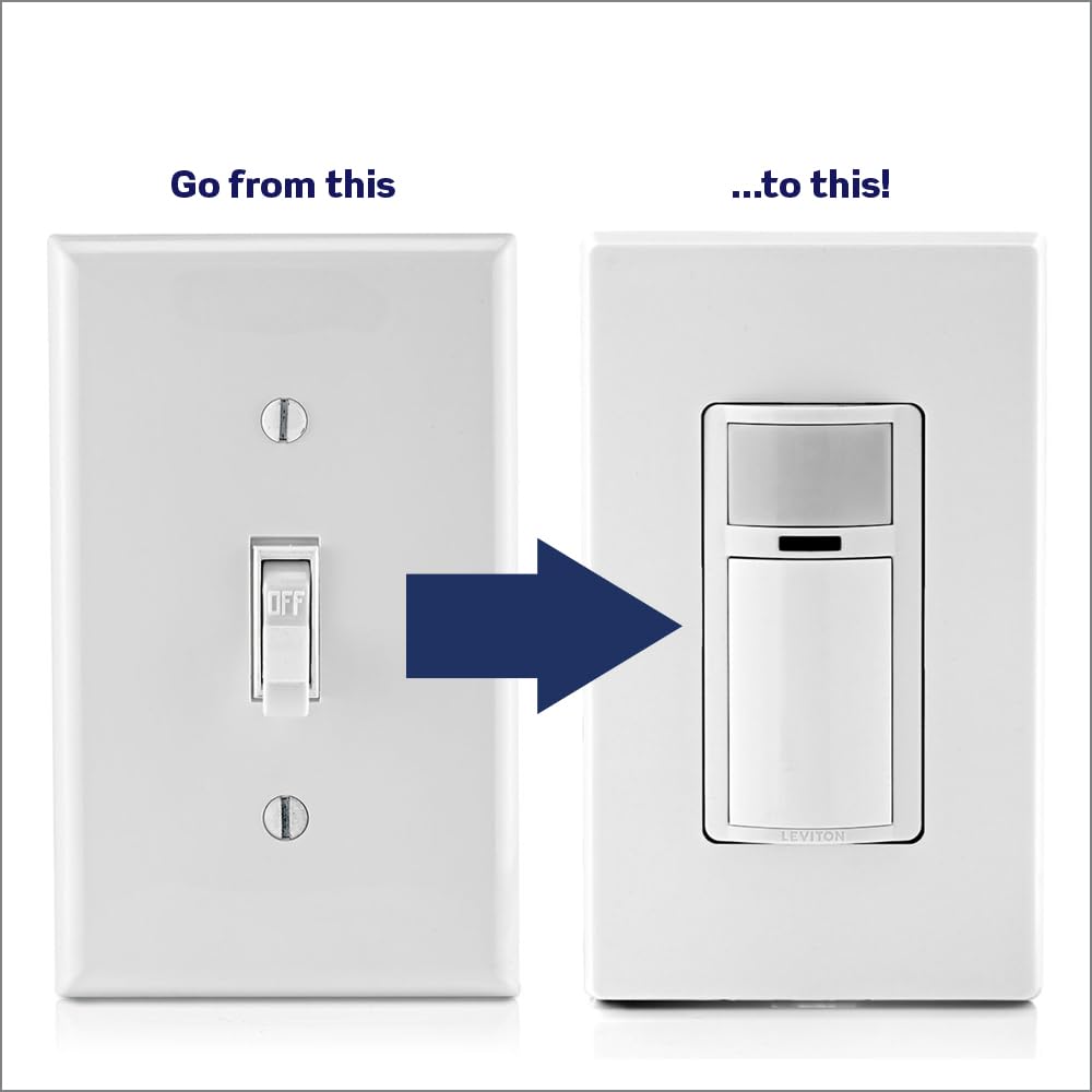 Leviton Decora Occupancy Motion Sensor in-Wall Switch, Auto-On or Manual-On, 15A, Single Pole, Multi-Way or Multi-Sensor, DOS15-1LZ, White with Ivory, Light Almond Faceplates
