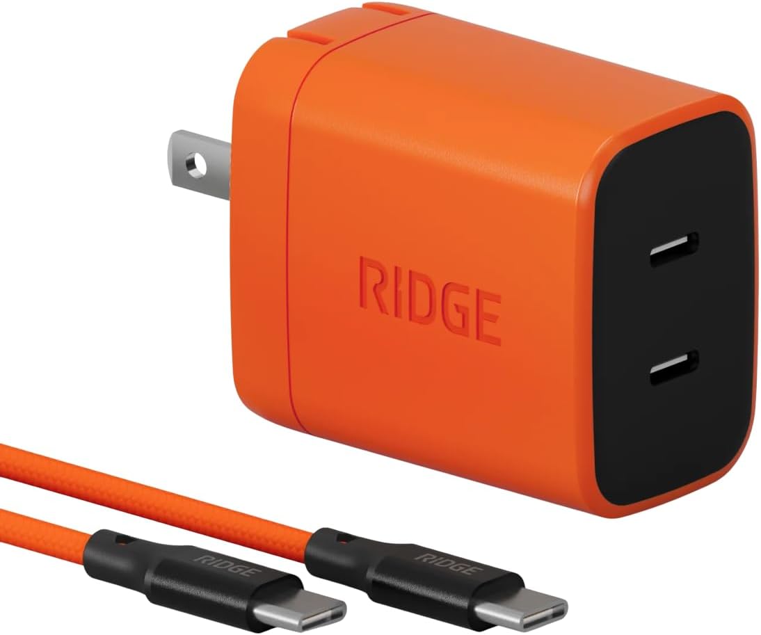 Ridge 45W Wall Charger Set, Dual USB-C Ports, Laptop-Grade Power with Complete Cable Kit Included - Basecamp Orange