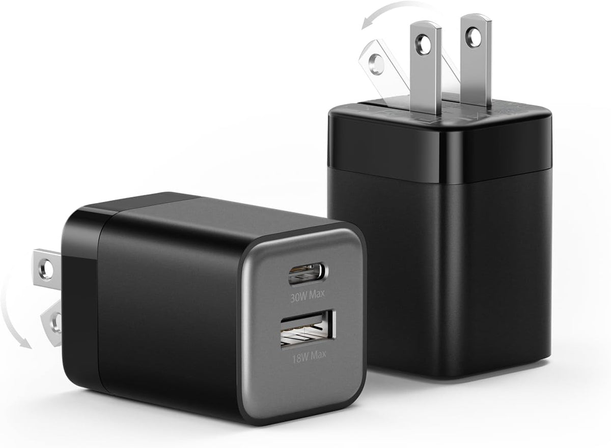 30W USB C Fast Charger, Dual Port USB C Wall Charger with Foldable Plug for iPhone 17/16/15, Samsung S24, iPad, 40% Smaller & Safer Nano Charger Block, (Black, 2 Pack)