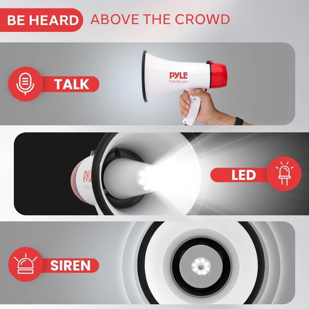 Pyle 30W Megaphone Bullhorn with Built-in Siren, LED Lights, Adjustable Volume Control, 800-Yard Range, Lightweight & Portable - Ideal for Football, Soccer, Baseball, Cheerleading & Safety Drills