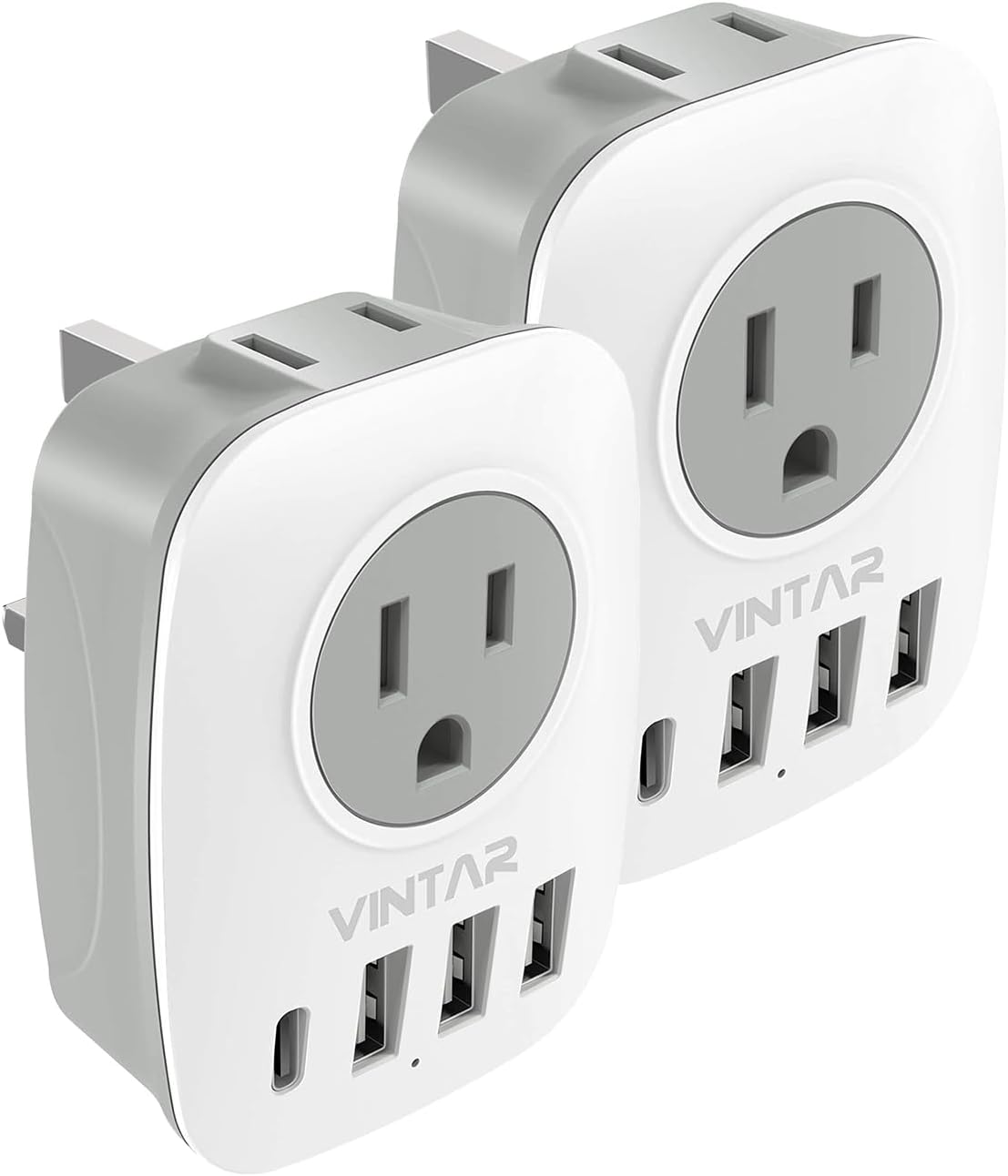 VINTAR US to UK Ireland Travel Plug Adapter, 2 Pack Type G Power Adapter | 6 in 1 with 2 Outlets and 4 USB Ports(1 USB C), Travel Essentials for USA to England London Scotland Dubai Hong Kong British