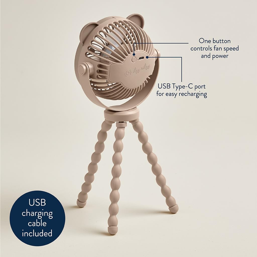 Itzy Ritzy Baby Stroller Fan, Rechargeable Fan with Wraparound Legs (Bear) | 360° Swivel, Flexible Wraparound Legs Attach to Strollers & Car Seats, USB Rechargeable with 3 Speeds for Cooling On the Go