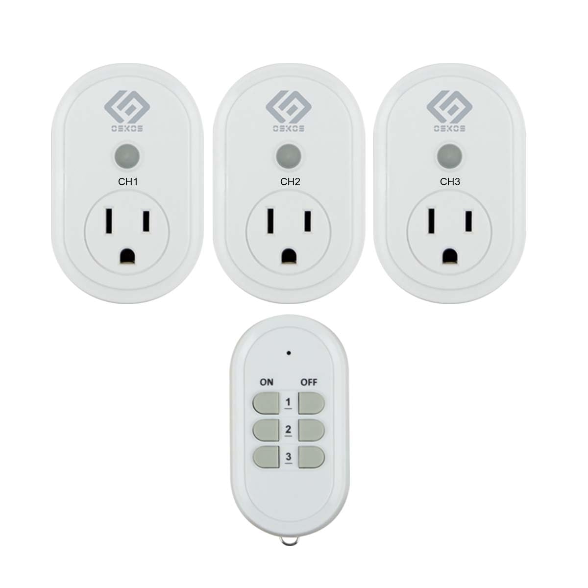 OSKOS Indoor Wireless Remote Control Outlets – 100-Foot RF Range, 3 Receivers & 1 Remote, Expandable Remote Light Switch for Household Appliances, Battery Included, 15A/1/2HP, UL Listed