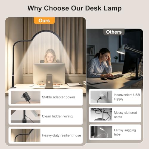 Half Moon LED Desk Lamp with Clamp, Dimmable Eye-Caring Light with 3 Color Modes and Flexible Gooseneck, Shadow-Reducing Clip-On Lamp for Home Office, Study, Reading and Workbench