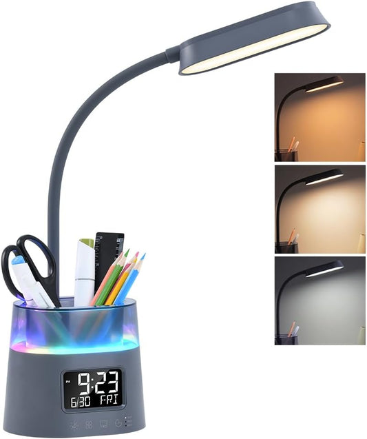 Led Desk Lamp with Pen Holder, Touch Lamps for Nightstand Eye-Caring Bedside Reading Light with Clock, Office Lamps Stepless Dimming, Lamp for Dorm Room, Suitable for Kid/Girl/Boy (Gray)