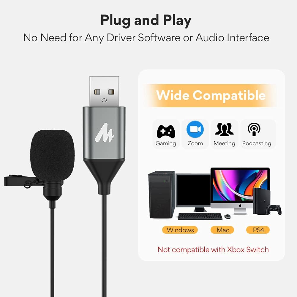 MAONO UL10 USB Lavalier Microphone, 192kHz/24bit for Interview and Vlogging | Omnidirectional, Plug &amp; Play for PC, Computer, Mac, Laptop, Conference Calls, YouTube Video, Dictation, Meeting, Recording