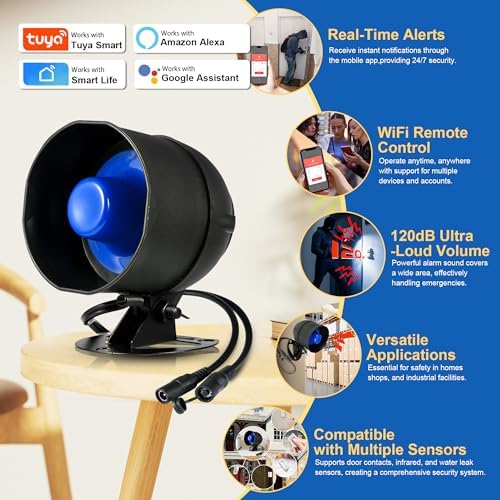 WiFi Alarm Home Security System, Wireless Alarm System with Loud 120dB Motion Sensor Siren, Window Door Alarms Sensor, Remote Control for Shed Garage(SetD)