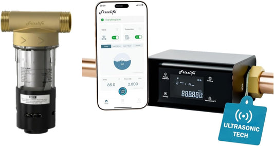 Frizzlife Smart Water Monitor Shutoff & Reusable Whole House Pre-Filter | 0.01GPM Leak Detection + 40/100 Micron Flushable Filter with Scraper