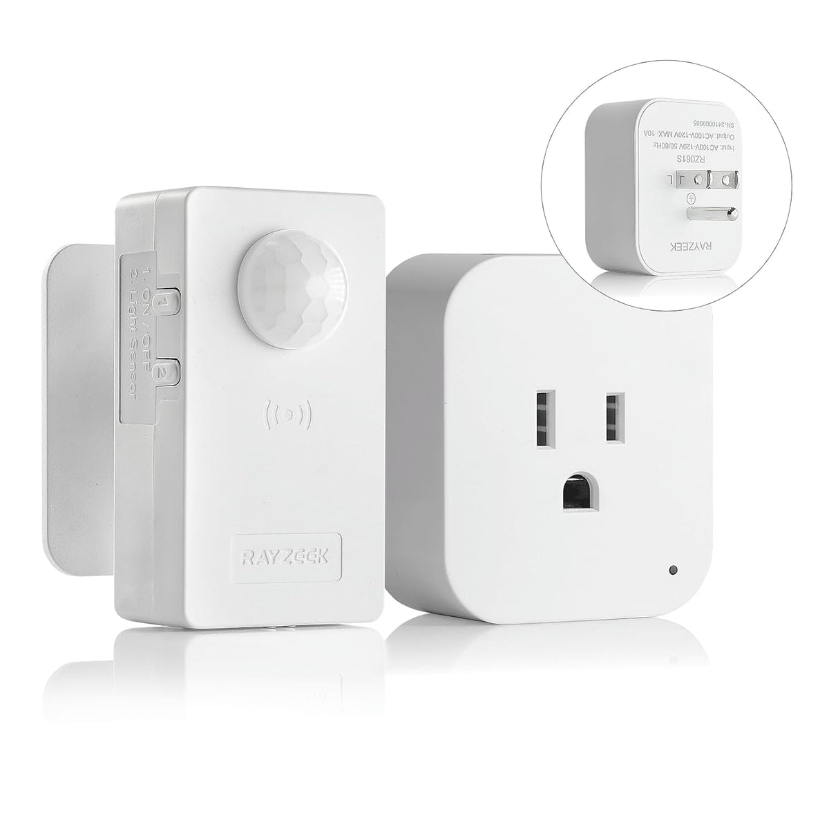 RAYZEEK Wireless Motion Sensor Plug Kits,No-Wire Mini PIR Sensor Switch Control Plug to Auto Turn On/Off Electrical Devices,10A/1100W for Christmas Lights,Fans,Household Appliances