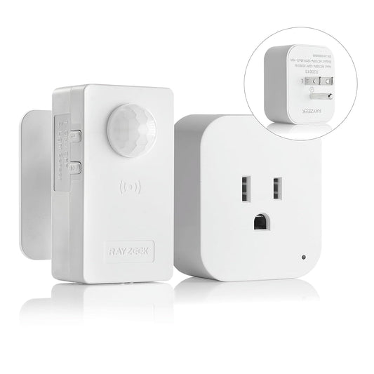 RAYZEEK Wireless Motion Sensor Plug Kits,No-Wire Mini PIR Sensor Switch Control Plug to Auto Turn On/Off Electrical Devices,10A/1100W for Christmas Lights,Fans,Household Appliances