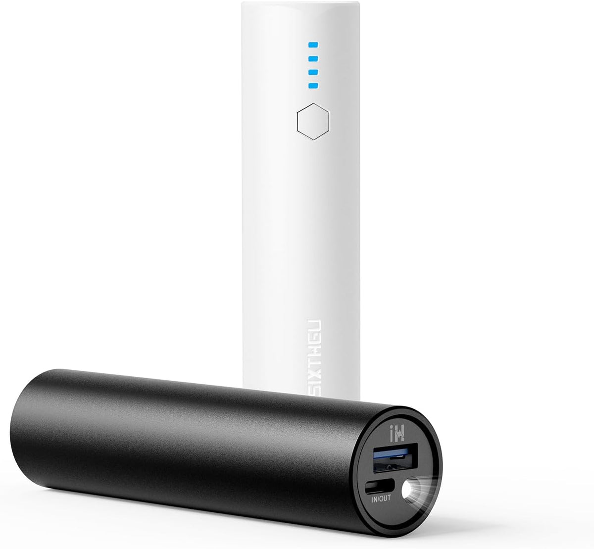 SIXTHGU Portable Charger 5000mAh, Mini Power Bank 2-Pack for iPhone | Pocket-Size Cylindrical Design, 15W Fast Charging USB-C In&Out, LED Flashlight, for Travel & Daily Commute, TSA-Friendly