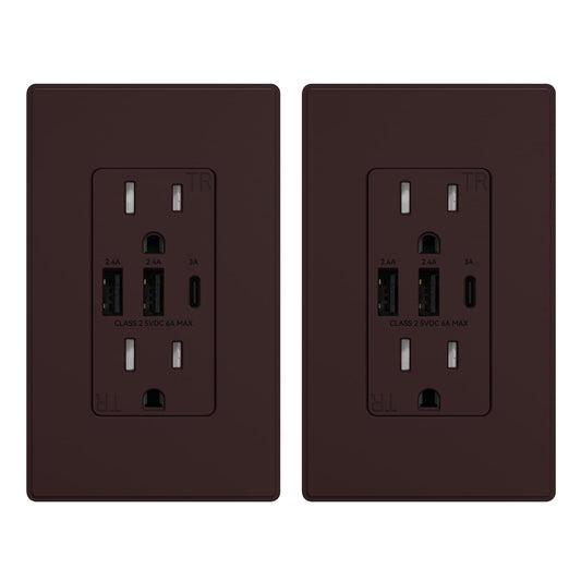ELEGRP USB Outlets Receptacles, 3-Port Wall Outlet, 30W 6.0A Electrical Outlet, 15 Amp Tamper-Resistant Outlet with Type C Ports, UL Listed, Wall Plate Included, 2 Pack, Matte Brown