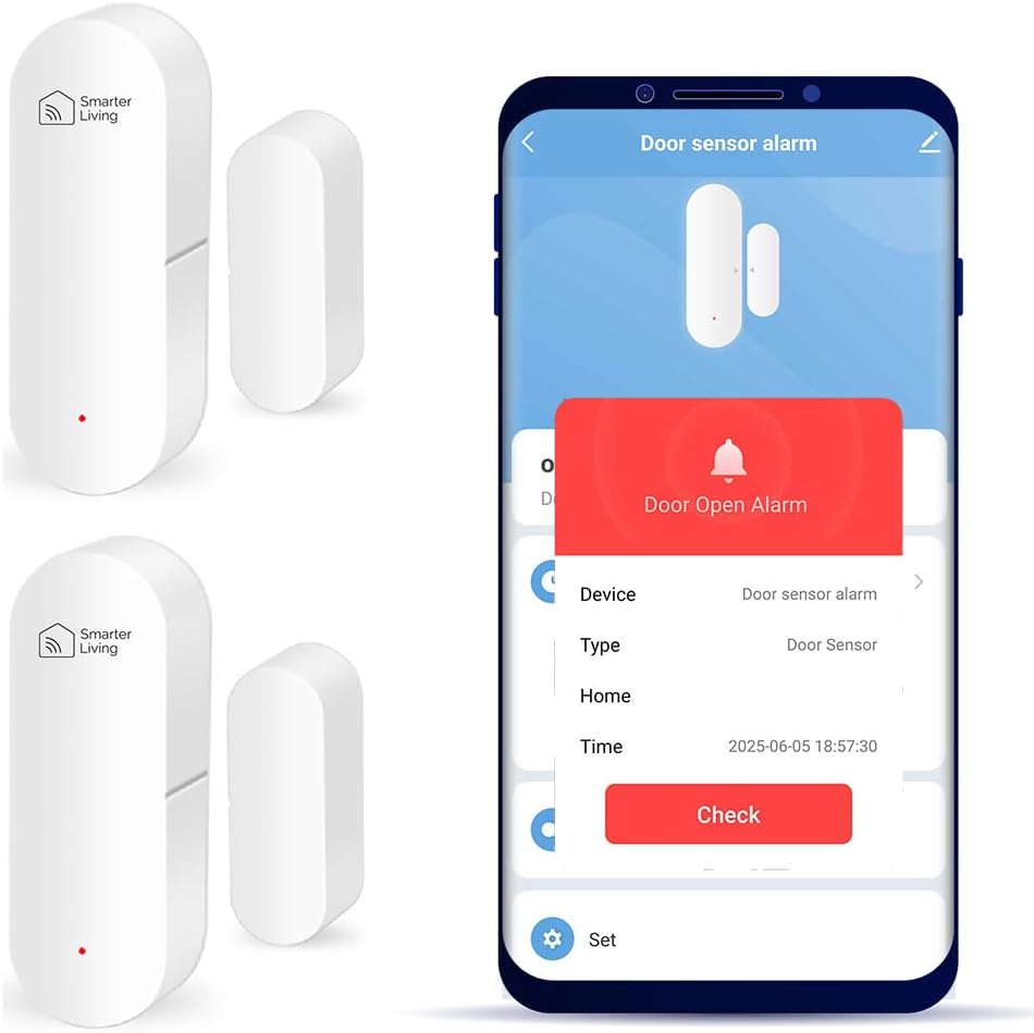 Smarter Living – Smart WiFi Door and Window Sensor (2-Pack), Phone Notifications via Smart Life, Tuya, Alexa and SmartThings, Create Automations, No Hub Required, Easy Setup