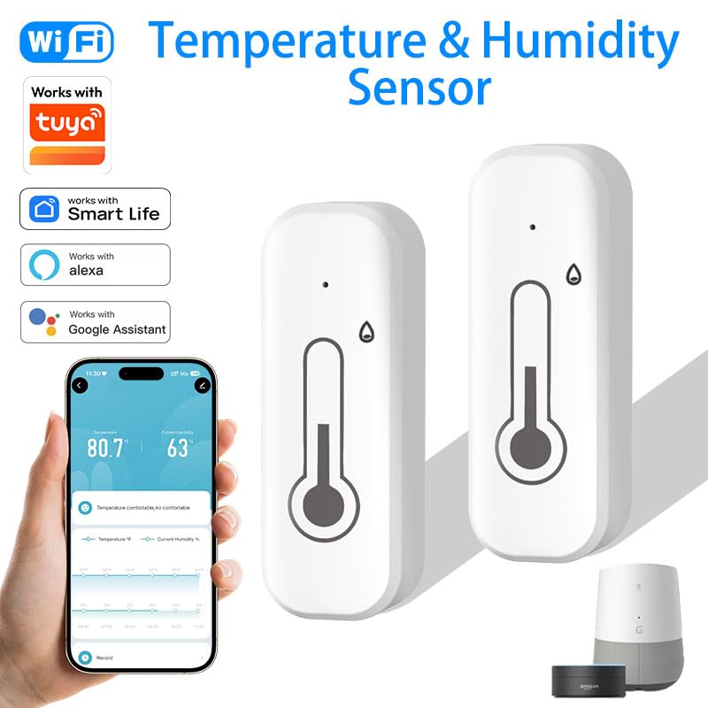 Loopo Smart WiFi Hygrometer Thermometer, 2.4GHz Indoor Temperature Humidity Sensor with Tuya Smart Life App Alerts, Remote Monitoring, Smart Home, Works with Alexa & Google, No Hub Needed,(1pack)