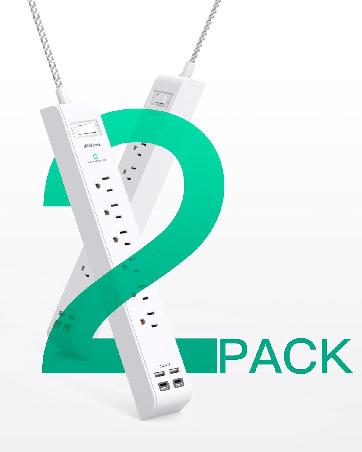 Mifaso 2 Pack Power Strip, 12FT Long Extension Cord, 1080J Surge Protector | 6 AC & 4 USB (2 USB C), Flat Plug Overload Protection, Heavy Duty, Wall Mount Charging Station for Home, Office, Dorm College