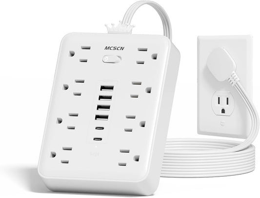 Surge Protector Power Strip, 8 Outlets, 6 USB, 5FT Flat Plug, White