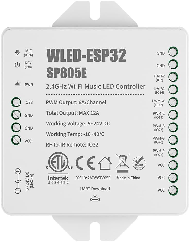 BTF-LIGHTING SP805E WLED LED Controller ESP32 with Mic, WiFi APP Control | For WS2812B WS2811 SK6812 WS2814 LED Strip/Matrix & PWM Dim CCT RGB RGBW RGBCCT LED , 2 SPI Channel, USB-C UART, DIY Lights