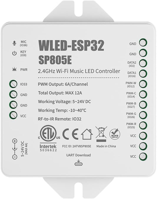 BTF-LIGHTING SP805E WLED LED Controller ESP32 with Mic, WiFi APP Control | For WS2812B WS2811 SK6812 WS2814 LED Strip/Matrix & PWM Dim CCT RGB RGBW RGBCCT LED , 2 SPI Channel, USB-C UART, DIY Lights