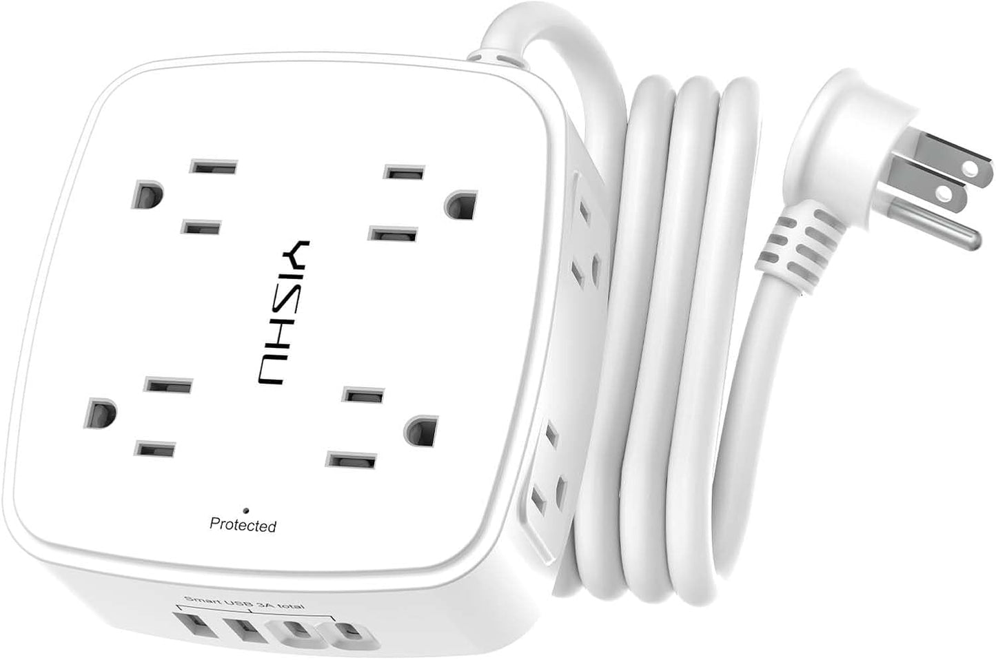 6 Ft Surge Protector Power Strip - 8 Widely Outlets with 4 USB Ports, 3 Side Outlet Extender with 6 Feet Extension Cord, Flat Plug, Wall Mount, Desk USB Charging Station, ETL,White