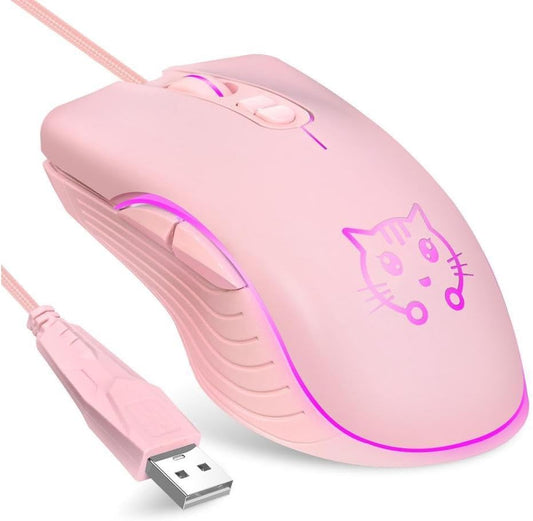 Gaming Wired USB Mouse, 2400DPI 4 Adjustable Levels, Ergonomic Slient Mouse for PC/Desktop/Laptop - Pink Cat
