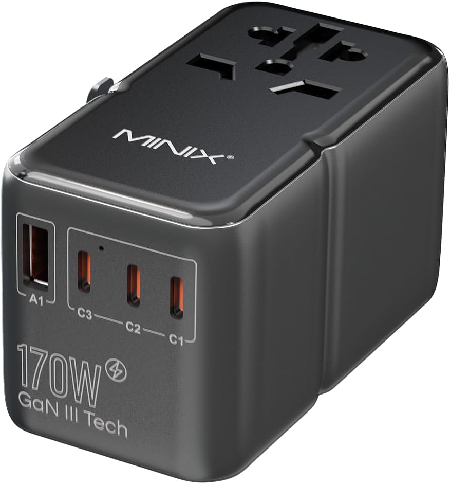 MINIX 170W Universal Travel Adapter GaN III Travel Adapter Worldwide | 3 USB-C, 1 USB-A & AC Outlet, International Power Adapter for EU/UK/AU/US/JP for Laptops, Tablets (Not a Voltage Converter)
