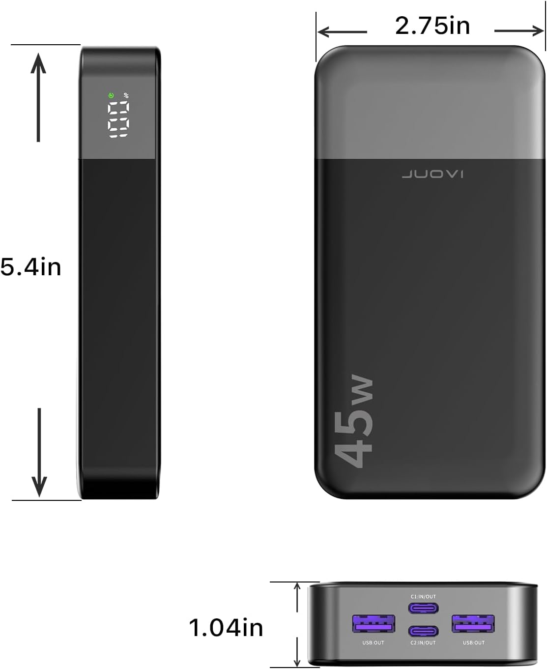 JUOVI Power Bank 45W 20000mAh Portable Charger USB C, PD QC Fast Charging 4-Port(2C+2A) External Battery Pack with LED Display, for iPhone 15 16 MacBook ipad