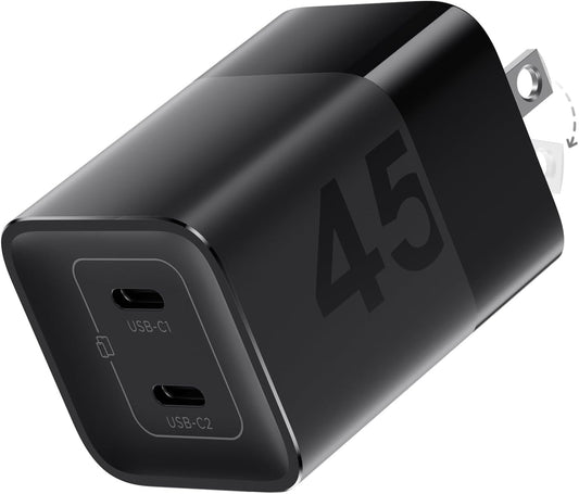 45W USB C Charger, 2 Port GaN Fast Charging with PPS, Foldable Wall Charger Block for iPhone 17/16/15, iPad, Galaxy S25/S24, Pixel 10/9 (Black)