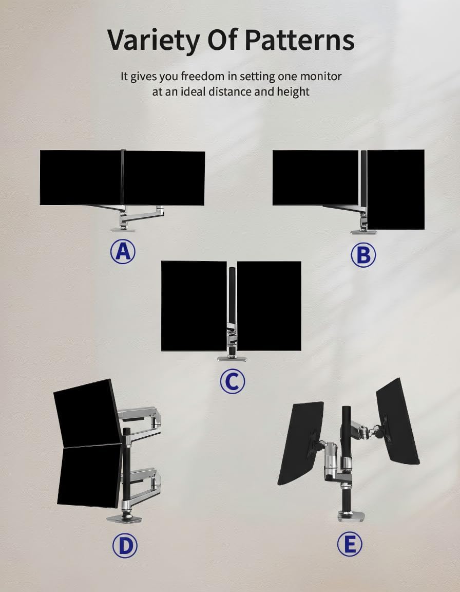 Ergounion Premium Dual Monitor Stand for Desk, High-Grade Aluminum Stacked Monitor Arm with Heavy-Duty Mechanical Spring, Adjustable Vertical Double Monitor Mount for 13-40 inch Screens, Silver