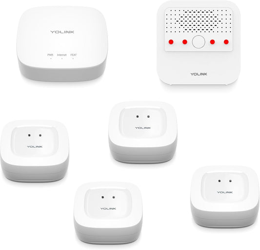 YoLink LoRa Smart Water Alarm Bundle: Hub + 4 Water Leak Sensors & 110dB Wireless Siren Alarm System with Email/SMS/Push Alerts, 1/4 Mile Range