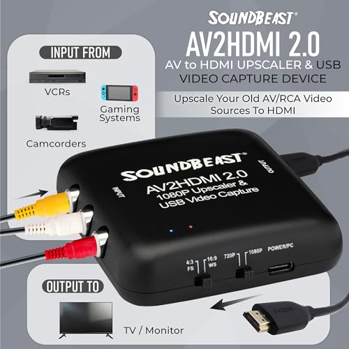 AV to HDMI Converter & Recorder 2.0 - AV RCA Composite to 1080P HDMI TV Upscaler - for VCR, VHS, DVD, Camcorder, Hi8, Gaming - 4:3 Aspect Ratio - USB Video Capture