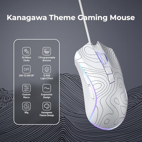XVX G705 Wired Gaming Mouse, 12000 DPI RGB Gaming Mouse with 12 Backlit Modes &amp; 7 Macro Buttons, PC Gaming Mice Support DIY Keybinding, Mouse Gamer Computer Mouse for Laptop PC Mac Windows,Topographic