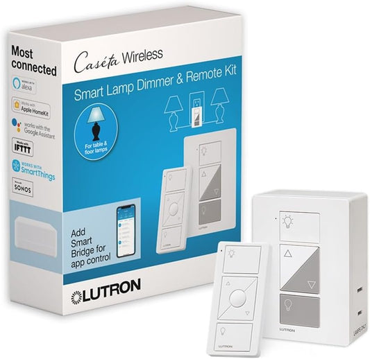 Lutron Caseta Smart Lamp Dimmer Kit; Plug-in Dimmer & Pico Wireless Remote | Wireless remote and lamp dimmer kit adds a new switch for floor lamps or table lamps without running wires P-PKG1P-WH, White