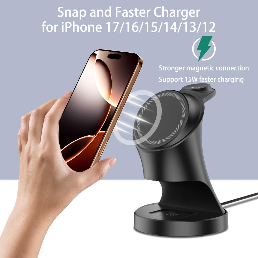Wireless Charger,3 in 1 Magnetic Wireless Charger Stand, Fast Wireless Charging Dock for iPhone17/16/15/14/13/12 Series, Apple Watch Series, AirPods Pro.