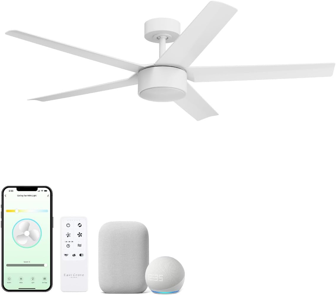 Stratos Indoor or Outdoor 52in 5-Blade Smart Ceiling Fan 2700K-6000K CCT Tunable Range LED Light Kit with Remote Control in Matte White Works With iOS or Android App