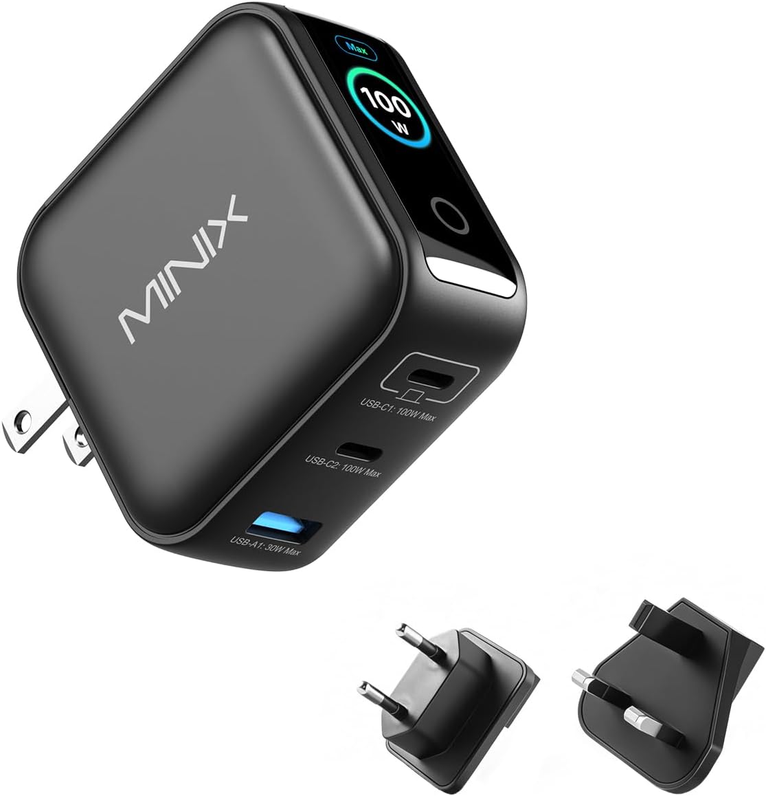MINIX 100W 3-Port GaN USB C Fast Charger Block with Smart Display, Foldable | Ultra-Compact Laptop Travel Wall Adapter, Touch Control for MacBook Pro, iPhone 17/16, iPad, Galaxy S25/24 (Non-Battery)