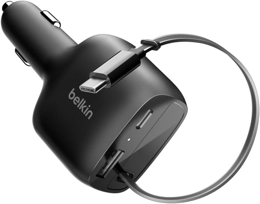 Belkin 75W USB C Car Charger, with 2.5ft. Retractable Cable | iPhone 15/16/17, Samsung Galaxy S26, AirPods, iPads, MacBook, Chromebook, Car Phone Charger