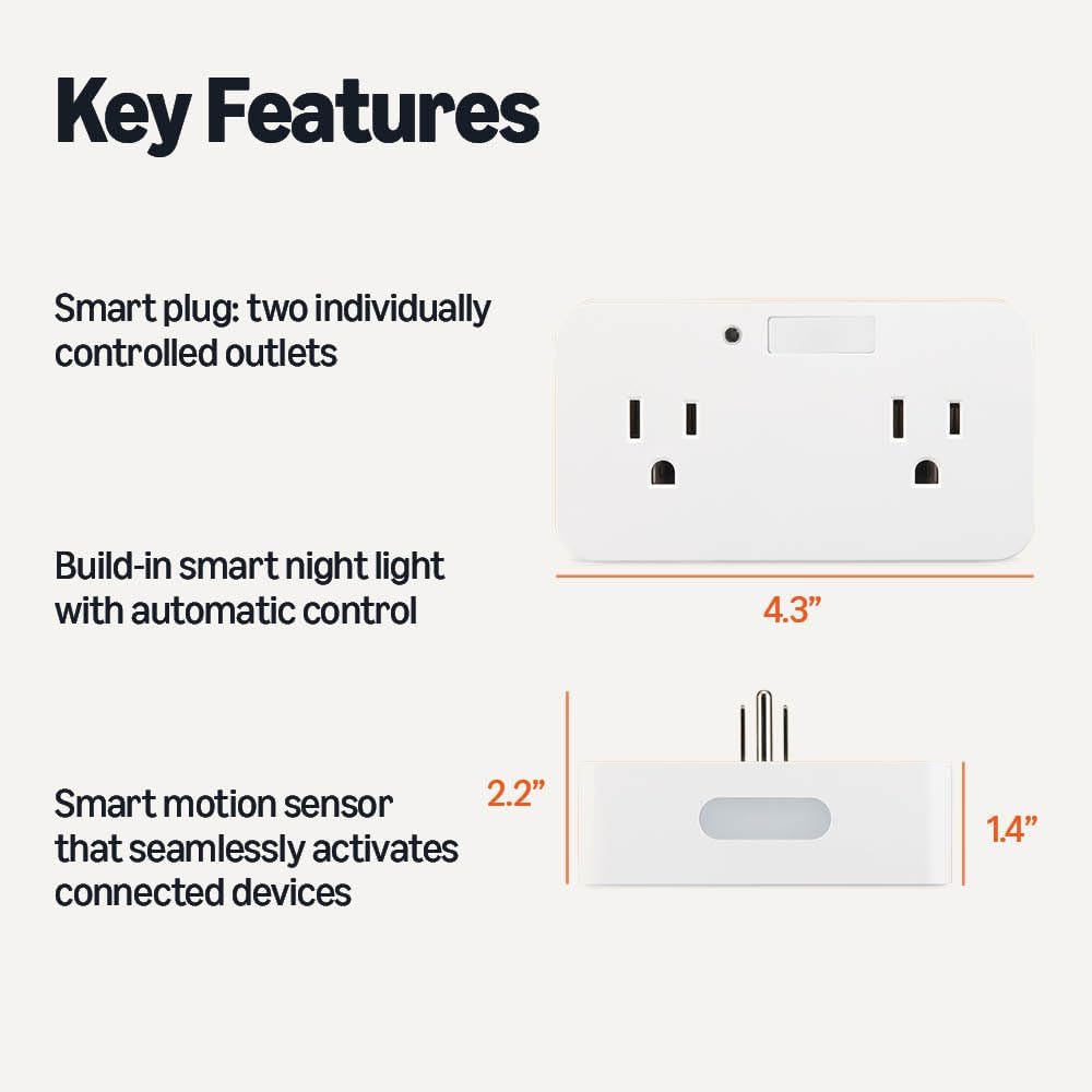 Amazon Basics Dual Smart Plug with Motion Sensor and Night Light, Works with Alexa Only, Control from Anywhere, Automatic Control, 2.4 GHz Wi-Fi, No Hub Required, 4.33 x 2.36 x 1.38 in, White